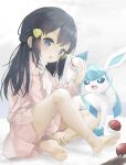  1girl :d absurdres bangs barefoot black_hair blue_eyes commentary_request hikari_(pokemon) eyebrows_visible_through_hair full_body gen_4_pokemon glaceon hair_ornament hairclip hand_up highres long_hair looking_at_viewer open_mouth panties pink_shirt pink_skirt pleated_skirt poke_ball poke_ball_(basic) pokemon pokemon_(creature) pokemon_(game) pokemon_dppt premier_ball scarf shirt sitting skirt smile soles underwear utatanecocoa white_panties white_scarf 