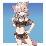  1girl ahoge animal_ears arknights ass_visible_through_thighs bikini black_bikini black_choker blue_background blue_eyes blush border brown_hair chinese_commentary choker collarbone commentary cowboy_shot cropped_legs cross_hair_ornament extra_ears eyebrows_visible_through_hair flat_chest fox_ears fox_girl fox_tail hair_ornament hand_on_hip hand_up looking_at_viewer navel official_alternate_costume outside_border short_hair short_twintails smile solo stomach sussurro_(arknights) sussurro_(summer_flowers)_(arknights) swimsuit tail twintails varma white_border 