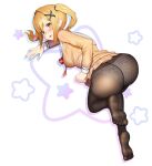 1girl all_fours arm_support ass bang_dream! bangs blonde_hair blush breasts brown_dress brown_legwear clothes_lift commentary commission crotch_seam dress dress_lift drop_shadow eyebrows_visible_through_hair feet_up fingernails from_above from_behind full_body hair_ornament hair_tie hanasakigawa_school_uniform hand_up highres ichigaya_arisa lace lace_panties lifted_by_self long_hair long_sleeves looking_at_viewer looking_back medium_breasts migu_(iws2525) neck_ribbon no_shoes nose_blush panties panties_under_pantyhose pantyhose parted_lips pleated_dress raised_eyebrows red_neckwear red_ribbon ribbon sailor_collar sailor_dress school_uniform shiny shiny_hair soles solo star_(symbol) starry_background thighband_pantyhose toes twintails underwear white_background white_panties white_sailor_collar x_hair_ornament yellow_eyes