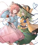  2girls :d arm_up bangs black_headwear blouse blue_blouse bow breasts buttons eyeball eyebrows_visible_through_hair feet_out_of_frame frilled_shirt_collar frills green_hair green_skirt hair_between_eyes hairband happy hat hat_bow heart heart_of_string highres io_(io_oekaki) komeiji_koishi komeiji_satori long_hair long_sleeves looking_at_another multiple_girls one_eye_closed open_mouth pink_hair pink_skirt profile red_eyes short_hair siblings signature simple_background sisters skirt small_breasts smile third_eye touhou white_background wide_sleeves yellow_blouse yellow_bow 