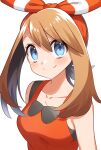  1girl bangs blue_eyes blush bow bow_hairband breasts brown_hair closed_mouth collarbone eyebrows_visible_through_hair hair_between_eyes hair_bow hairband highres long_hair looking_at_viewer may_(pokemon) medium_breasts pokemon pokemon_(game) pokemon_oras red_hairband red_shirt shiny shiny_hair shirt simple_background sleeveless sleeveless_shirt smile solo striped striped_bow twintails upper_body white_background yuihico 