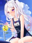  1girl blue_archive blue_swimsuit blush closed_mouth clouds cloudy_sky drink flat_chest frown highres hina_(blue_archive) horns humo long_hair name_tag one-piece_swimsuit outdoors school_swimsuit sitting sky solo swimsuit table thighs violet_eyes white_hair 