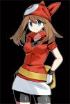  1girl bangs bike_shorts black_background black_shorts blue_eyes breasts brown_hair closed_mouth collarbone cowboy_shot eyebrows_visible_through_hair gloves hair_between_eyes highres jacket long_hair looking_at_viewer may_(pokemon) miniskirt outline pokemon pokemon_(game) pokemon_rse red_bandana red_jacket shiny shiny_clothes short_shorts short_sleeves shorts shorts_under_skirt simple_background skirt small_breasts smile solo standing twintails white_skirt yuihico 