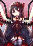  1girl abstract_background akemi_homura akuma_homura alternate_costume argyle argyle_legwear artist_name bangs black_dress black_gloves black_hair black_legwear bound bound_wrists bow branch breasts cat cherry_blossoms choker commentary_request dress elbow_gloves feathered_wings floral_background flower gloves hair_between_eyes hair_bow hair_ornament hair_ribbon half-closed_eyes hands_together highres holding holding_branch holding_flower kneeling long_hair looking_at_viewer mahou_shoujo_madoka_magica medium_breasts petals plunging_neckline red_background red_bow ribbon smile solo spider_lily strapless strapless_dress teruna_(artist) thigh-highs tied_up very_long_hair violet_eyes wings 