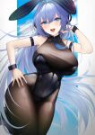  1girl :d animal_ears armband azur_lane bare_shoulders black_leotard blue_eyes blue_hair blue_neckwear bodystocking breasts collar eyebrows_visible_through_hair hand_on_hip head_rest highres large_breasts legs_together leotard mari_(doraerin0) necktie new_jersey_(azur_lane) new_jersey_(exhilarating_steps!)_(azur_lane) official_alternate_costume open_mouth pantyhose playboy_bunny rabbit_ears smile solo thick_thighs thighs wristband 