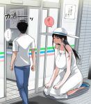  1boy 1girl 2ch automatic_door black_hair convenience_store dress hasshaku-sama hat highres long_hair ricochet-gou seiza shirt shop short_hair sitting sun_hat sundress tall_female translation_request very_long_hair white_dress 