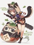  animal_ears animal_hood bent_over deitaku fake_animal_ears fake_tail full_body genshin_impact highres holding holding_weapon hood japanese_clothes leaf leaf_on_head ninjq parted_lips raccoon_ears raccoon_tail sayu_(genshin_impact) silver_hair standing statue tail violet_eyes weapon white_background 