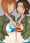  2girls american_flag_bikini bangs bikini bikini_under_clothes blush breast_press breasts brown_eyes brown_hair brown_jacket closed_mouth commentary cropped_jacket emblem flag_print girls_und_panzer grey_background half-closed_eyes highres holding_hands interlocked_fingers jacket long_sleeves looking_at_viewer medium_breasts midriff monji_(crazy_flogman_1) multiple_girls navel nishizumi_miho open_clothes open_jacket orange_eyes orange_hair saunders_military_uniform sawa_azusa short_hair simple_background smile standing star_(symbol) swimsuit symmetrical_docking 