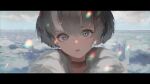  1girl blurry blurry_background bright_pupils close-up depth_of_field grey_eyes grey_hair head_tilt highres iceberg letterboxed looking_at_viewer multicolored_hair original parted_lips rsef short_hair solo streaked_hair white_hair 
