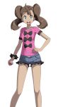  1girl blue_shorts brown_hair commentary_request dark-skinned_female dark_skin green_eyes hand_on_hip highres holding holding_poke_ball looking_at_viewer pink_shirt poke_ball poke_ball_(basic) pokemon pokemon_(game) pokemon_xy shauna_(pokemon) shirt short_sleeves shorts simple_background solo standing tsukishiro_saika twintails white_background 