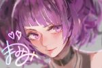  1girl black_choker blush character_name choker close-up heart idolmaster idolmaster_shiny_colors looking_at_viewer parted_lips portrait purple_hair rsef smile solo tanaka_mamimi twintails violet_eyes 