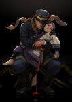  1boy 1girl ainu_clothes asirpa black_background black_footwear black_hair black_headwear black_jacket black_pants blood blood_on_hands blood_on_weapon blue_eyes blue_pants golden_kamuy half-closed_eyes hat hat_over_one_eye holding holding_sword holding_weapon jacket long_hair mitsuya pants plaid plaid_scarf purple_headband scarf short_hair sugimoto_saichi sword weapon yellow_scarf 