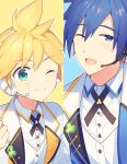  2boys aqua_eyes blonde_hair blue_eyes blue_hair clover column_lineup commentary formal headphones headset jacket kagamine_len kaito_(vocaloid) looking_at_viewer male_focus multiple_boys one_eye_closed open_mouth shirt sinaooo smile spiky_hair suit symbol-only_commentary upper_body vest vocaloid white_jacket white_shirt white_suit white_vest 