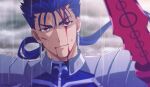  1boy akujiki59 artist_name bangs blood blood_on_face blue_hair blurry closed_mouth clouds cloudy_sky commentary_request cu_chulainn_(fate) cu_chulainn_(fate/stay_night) fate_(series) floating_hair hair_tubes long_hair looking_at_viewer male_focus official_style outdoors ponytail rain red_eyes shoulder_plates sky smile solo upper_body watermark weapon 