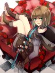  1boy :o bangs boots brown_footwear brown_gloves brown_hair brown_hood chair checkered checkered_floor choker flower full_body gloves green_eyes gretel_(sinoalice) hair_between_eyes highres long_sleeves looking_at_viewer open_mouth otoko_no_ko red_flower red_rose rico_tta rose short_hair sinoalice sitting solo teeth 