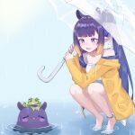  1girl absurdres anklet bangs barefoot blunt_bangs dress eyebrows_visible_through_hair frog gradient_hair highres holding hololive hololive_english jewelry kiwwwwwi long_hair multicolored_hair ninomae_ina&#039;nis open_mouth orange_hair pointy_ears purple_hair rain raincoat smile tako_(ninomae_ina&#039;nis) tentacle_hair tentacles transparent transparent_umbrella umbrella very_long_hair virtual_youtuber water_drop wet 