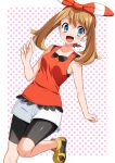  1girl :d absurdres bangs bike_shorts black_shorts blue_eyes blush border bow bow_hairband breasts brown_hair collarbone eyebrows_visible_through_hair hair_between_eyes hair_bow hairband highres long_hair looking_at_viewer may_(pokemon) open_mouth outside_border pokemon pokemon_(game) pokemon_oras polka_dot polka_dot_background red_hairband red_shirt shiny shiny_clothes shiny_hair shirt short_shorts shorts shorts_under_shorts sleeveless sleeveless_shirt small_breasts smile solo standing standing_on_one_leg striped striped_bow twintails white_border white_shorts yellow_footwear yuihico 