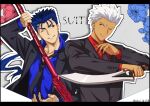  2boys akujiki59 archer_(fate) artist_name bangs black_jacket black_neckwear blue_hair blue_shirt buttons collared_shirt commentary_request cu_chulainn_(fate) cu_chulainn_(fate/stay_night) dark-skinned_male dark_skin fate_(series) formal holding holding_weapon jacket long_sleeves male_focus multiple_boys necktie official_style one_eye_closed open_clothes open_jacket outline red_eyes red_shirt shirt short_hair smile spiky_hair suit upper_body weapon 