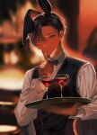  1boy alcohol animal_ears artist_name black_hair black_neckwear blurry blurry_background bow bowtie cherry cocktail_glass commentary_request cup dark-skinned_male dark_skin drinking_glass finger_to_mouth food formal fruit grey_eyes hair_between_eyes hand_up highres holding holding_tray long_sleeves looking_at_viewer male_focus megechan original parted_lips rabbit_ears shirt short_hair shushing smile solo suit tray upper_body very_short_hair waistcoat waiter white_shirt 