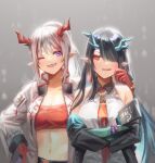  2girls ;d arknights bandeau bangs black_hair black_jacket commentary_request dress dusk_(arknights) grey_background hair_over_one_eye horns jacket long_hair long_sleeves looking_at_another midriff mina_(o414) multiple_girls navel nian_(arknights) off_shoulder one_eye_closed open_clothes open_jacket open_mouth siblings silver_hair sisters sleeveless sleeveless_dress smile stomach strapless tubetop upper_body violet_eyes white_dress white_jacket 
