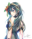  1girl absurdres alternate_costume artist_name bangs bare_shoulders blue_eyes blue_hair clear_glass_(mildmild1311) eyebrows_visible_through_hair fire_emblem fire_emblem_awakening fire_emblem_heroes flower hair_between_eyes hair_flower hair_ornament highres long_hair lucina_(fire_emblem) see-through signature smile solo swimsuit tiara twitter_username upper_body white_background 