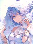  1girl akagi_shun bangs blue_eyes blue_flower blue_hair blue_nails bracelet braid branch bridal_veil bride dress flower halter_dress halterneck high_collar jewelry lace lace_veil light_smile medium_hair nail_polish original parted_lips petals solo twitter_username upper_body veil white_dress white_veil 