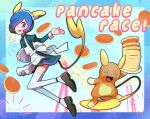  1boy ;d alolan_form alolan_raichu alternate_costume apron blue_eyes blue_hair brown_footwear cress_(pokemon) enmaided food gen_7_pokemon gym_leader highres holding holding_plate long_sleeves maid maid_headdress male_focus one_eye_closed open_mouth pancake plate pleated_skirt pokemon pokemon_(creature) pokemon_(game) pokemon_bw shirt shoes short_hair skirt smile thigh-highs tongue white_apron white_legwear yeongaeng 