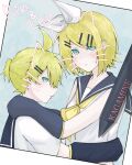  1boy 1girl aqua_eyes arm_warmers arms_around_neck arms_around_waist bangs black_collar black_sleeves blonde_hair character_name collar collared_shirt commentary drawn_ears drawn_whiskers expressionless hair_ornament hairclip highres kagamine_len kagamine_rin looking_at_viewer looking_to_the_side neckerchief photo_(object) sailor_collar school_uniform shirt short_hair short_ponytail short_sleeves sleeveless sleeveless_shirt spiky_hair stylus swept_bangs vocaloid white_shirt yellow_neckwear yuzukun_17 