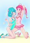  2girls alien armpits breasts character_request covered_nipples flip-flops green_eyes green_hair hug kneeling multiple_girls muramura_hito one-piece_swimsuit pointy_ears ponytail precure red_eyes redhead sandals small_breasts smile swimsuit 