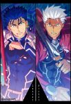  2boys akujiki59 archer_(fate) artist_name bangs blood blood_on_face blue_hair brown_eyes cape clenched_teeth commentary_request covered_abs cu_chulainn_(fate) cu_chulainn_(fate/stay_night) earrings fate_(series) fingernails floating_hair hair_tubes hand_up holding jewelry long_hair long_sleeves looking_at_viewer male_focus multiple_boys official_style ponytail red_cape shoulder_plates spiky_hair teeth weapon white_hair 
