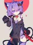  1girl ahoge animal_ears bare_shoulders belt black_jacket blush_stickers cat_ears commentary contrapposto cowboy_shot criss-cross_halter dress grey_background hair_ornament hair_tubes halterneck highres hip_gear jacket kemonomimi_mode meto_(metrin) open_clothes open_jacket paw_print purple_dress purple_hair purple_legwear short_hair_with_long_locks sleeveless sleeveless_dress sleeves_past_fingers sleeves_past_wrists solo sweat symbol-only_commentary thigh-highs violet_eyes vocaloid voiceroid yuzuki_yukari 