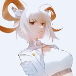 1girl absurdres animal_ears arknights bangs belt breasts carnelian_(arknights) chinese_commentary closed_mouth commentary_request dutch_angle eyebrows_visible_through_hair frown goat_ears goat_horns grey_background highres horns jacket open_clothes open_jacket red_eyes shirt short_hair simple_background solo under_boob white_hair white_jacket white_shirt 