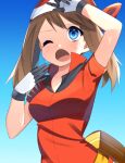 1girl aliasing arm_up blue_background blue_eyes blue_sky breasts brown_hair collarbone gloves gradient gradient_background gradient_sky highres jacket long_hair may_(pokemon) medium_breasts one_eye_closed pokemon pokemon_(game) pokemon_rse red_bandana red_jacket short_sleeves sky solo sweat twintails upper_body yuihico 
