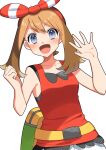  1girl :d absurdres bangs blue_eyes blush bow bow_hairband breasts brown_hair collarbone eyebrows_visible_through_hair hair_between_eyes hair_bow hairband highres long_hair looking_at_viewer may_(pokemon) open_mouth pokemon pokemon_(game) pokemon_oras red_hairband red_shirt shiny shiny_hair shirt sidelocks simple_background sleeveless sleeveless_shirt small_breasts smile solo striped striped_bow upper_body white_background yellow_belt yuihico 