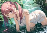  1girl ass bangs bare_shoulders blush breasts dress eyebrows_visible_through_hair highres kantoku long_hair looking_at_viewer original parted_lips pink_hair plant see-through solo twintails violet_eyes water wet wet_clothes white_dress 