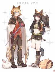  &gt;_&lt; 1boy 1girl :3 :d animal_ear_headphones animal_on_arm backpack bag bangs bird bird_on_arm blonde_hair blue_eyes bow_(weapon) brown_capelet brown_footwear brown_gloves brown_hair brown_legwear brown_pants brown_shirt brown_skirt cape capelet closed_eyes commentary crop_top drops_(ragnarok_online) eagle elbow_gloves english_commentary fingerless_gloves full_body gloves grin hair_between_eyes headphones highres holding holding_bow_(weapon) holding_staff holding_weapon hunter_(ragnarok_online) jacket kneehighs kuro_sakura long_hair lunatic_(ragnarok_online) mage_staff midriff miniskirt navel open_mouth pants rabbit ragnarok_online red_shirt shirt shoes short_hair short_shorts shorts shorts_under_skirt skirt slime_(creature) smile sparkle staff weapon white_cape white_jacket wizard_(ragnarok_online) 