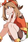  1girl bangs bike_shorts black_shorts bow bow_hairband brown_hair closed_mouth eyebrows_visible_through_hair grey_eyes hair_between_eyes hair_bow hairband head_rest highres long_hair may_(pokemon) pokemon pokemon_(game) pokemon_oras red_hairband red_shirt shiny shiny_clothes shiny_hair shirt short_shorts shorts shorts_under_shorts simple_background sitting sketch sleeveless sleeveless_shirt solo striped striped_bow twintails white_background white_shorts yuihico 