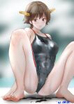  1girl absurdres bangs barefoot black_swimsuit blush breasts brown_eyes brown_hair dated feet headgear hiei_(kancolle) highres kantai_collection looking_at_viewer medium_breasts one-piece_swimsuit open_mouth ototoi_koi short_hair simple_background solo squatting swimsuit wet wet_clothes wet_swimsuit 