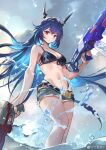  1girl arknights bangs belt bikini black_hair ch&#039;en_(arknights) ch&#039;en_the_holungday_(arknights) dawuqingkong highres horns long_hair looking_at_viewer red_eyes sky swimsuit water_gun 