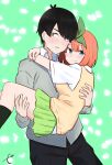  1boy 1girl black_hair blue_eyes blush brown_eyes carrying commentary_request go-toubun_no_hanayome green_background highres kujou_karasuma looking_at_viewer nakano_yotsuba orange_hair short_hair smile 