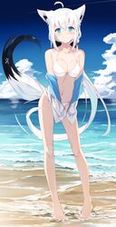  1girl ahoge animal_ears aqua_eyes beach bikini blue_sky breasts closed_mouth clouds collarbone commentary_request day eyebrows_visible_through_hair fox_ears fox_girl fox_tail highres hololive long_hair looking_at_viewer medium_breasts nagishiro_mito navel ocean shirakami_fubuki sky smile solo standing swimsuit tail toes very_long_hair virtual_youtuber water white_bikini white_hair 