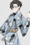  1boy androgynous animal_print artist_name black_hair blue_kimono bracelet commentary_request cowboy_shot crossdressinging ear_piercing fish_print from_behind grey_background grey_eyes grin hand_up highres japanese_clothes jewelry kimono long_hair long_sleeves male_focus megechan obi original piercing print_kimono sash short_hair simple_background smile solo very_short_hair 