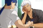  2boys akujiki59 apron archer_(fate) black_apron blue_hair casual chopsticks cu_chulainn_(fate) cu_chulainn_(fate/stay_night) dark-skinned_male dark_skin ear_piercing eating elbow_rest fate/stay_night fate_(series) holding holding_chopsticks male_cleavage male_focus multiple_boys official_style partially_unbuttoned pectorals piercing ponytail red_eyes short_hair smile spiky_hair toned toned_male upper_body white_hair 