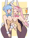  2girls animal_ears artist_name bangs bare_shoulders blue_hair blunt_bangs blush border bow bowtie breasts commentary_request cowboy_shot detached_collar do_m_kaeru eyebrows_visible_through_hair fake_animal_ears fake_tail fire_emblem fire_emblem:_three_houses hairband hilda_valentine_goneril holding holding_tray large_breasts leotard locked_arms long_hair looking_at_viewer marianne_von_edmund multiple_girls one_eye_closed open_mouth pantyhose pink_eyes pink_hair playboy_bunny rabbit_ears rabbit_tail simple_background sleeveless standing strapless strapless_leotard tail tongue tray twintails twitter_username watermark white_border wrist_cuffs yellow_background 