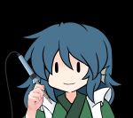  1girl 216 bangs black_background blue_hair closed_mouth commentary_request hand_up head_fins holding long_hair simple_background smile soldering_iron solo touhou upper_body wakasagihime you&#039;re_doing_it_wrong |_| 