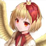  1girl animal_on_head bangs bird bird_on_head bird_tail bird_wings blonde_hair chick closed_mouth commentary_request eyebrows_visible_through_hair eyelashes happy multicolored_hair neckerchief niwatari_kutaka on_head puffy_short_sleeves puffy_sleeves red_eyes red_neckerchief redhead seina_akitani shirt short_hair short_sleeves simple_background smile tail touhou two-tone_hair white_background white_shirt wings 