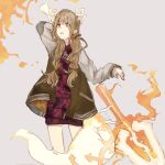  1girl animal_ears bangs blonde_hair fake_animal_ears fake_tail flaming_weapon grey_background hair_between_eyes hair_ribbon highres holding holding_polearm holding_spear holding_weapon jacket kageaki_(keikuroe) letterman_jacket little_red_riding_hood_(sinoalice) long_hair long_sleeves looking_at_viewer open_mouth polearm reality_arc_(sinoalice) red_jacket ribbon simple_background sinoalice solo spear tail teeth weapon yellow_eyes 