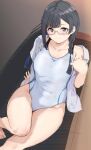  1girl alp bangs barefoot black_hair blush braid breasts grey-framed_eyewear grey_eyes long_hair looking_at_viewer medium_breasts one-piece_swimsuit open_clothes open_shirt original shirt short_sleeves simple_background sitting smile solo swimsuit twin_braids white_shirt 