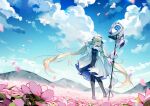  1girl ahoge arm_up artoria_pendragon_(caster)_(fate) artoria_pendragon_(fate) bangs black_gloves black_legwear blonde_hair blue_ribbon blue_sky breasts closed_mouth clouds day dress eyebrows_visible_through_hair fate/grand_order fate_(series) field floating_hair flower flower_field gloves green_eyes hair_between_eyes hair_ribbon hand_in_hair hand_on_own_head holding holding_staff holding_weapon kamiowl long_hair medium_breasts one_eye_closed outdoors pink_flower ribbon sidelocks sky smile solo staff thigh-highs twintails very_long_hair weapon white_dress wide_sleeves wind 