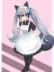  1girl alternate_costume animal_ears apron aramaru black_dress black_legwear brown_eyes commentary_request dress enmaided fox_ears fox_tail full_body grey_hair hair_ribbon hand_in_hair highres kemono_friends long_hair looking_at_viewer maid maid_apron maid_headdress medium_dress open_mouth pantyhose pink_background puffy_short_sleeves puffy_sleeves ribbon short_sleeves silver_fox_(kemono_friends) skirt_hold smile solo standing sweatdrop tail twintails very_long_hair 